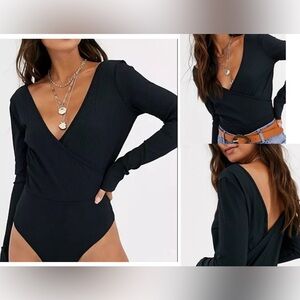 ASOS Wrap Bodysuit Ribbed in Black Long Sleeve Plunge Neck Size 8
